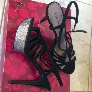 Lulu Townsend Haja Strappy Black Glitter Heels